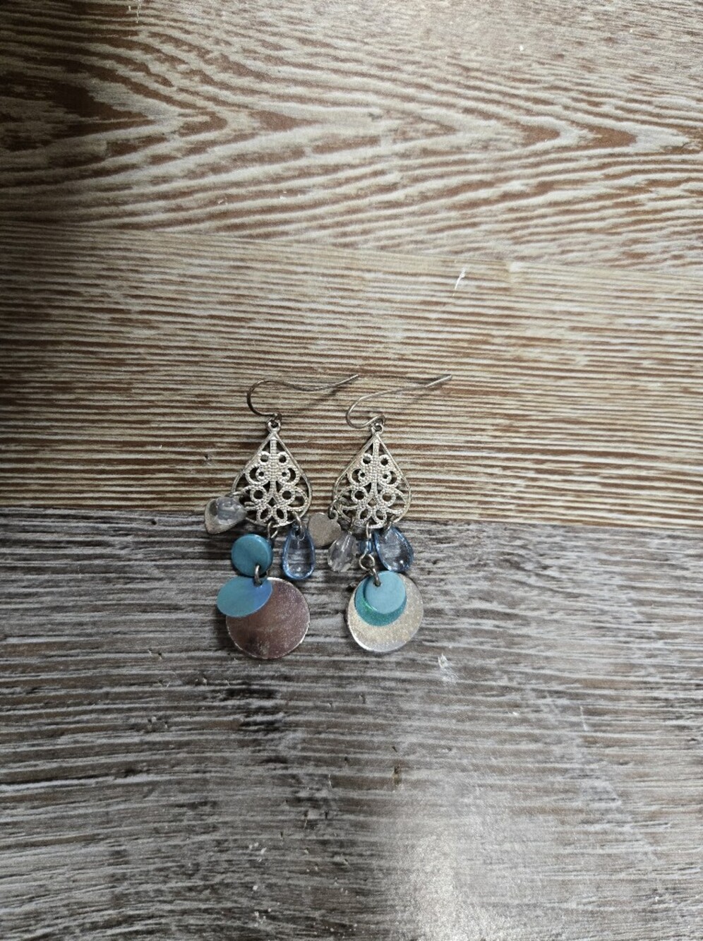 Silver Filigree Drop Earrings with Teal and Light Blue Accents